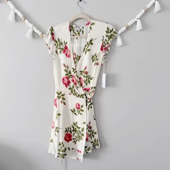 NWT Reformation Radley Wrap Dress Floral Print Cream Mini Ruffle Hem Womens Sz S - Picture 4 of 6